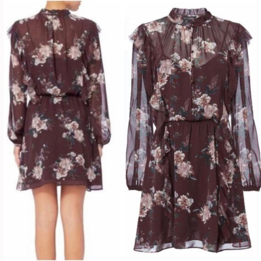 New Intermix Silk Brown Floral Ruffled Long Sleeve Short Dress